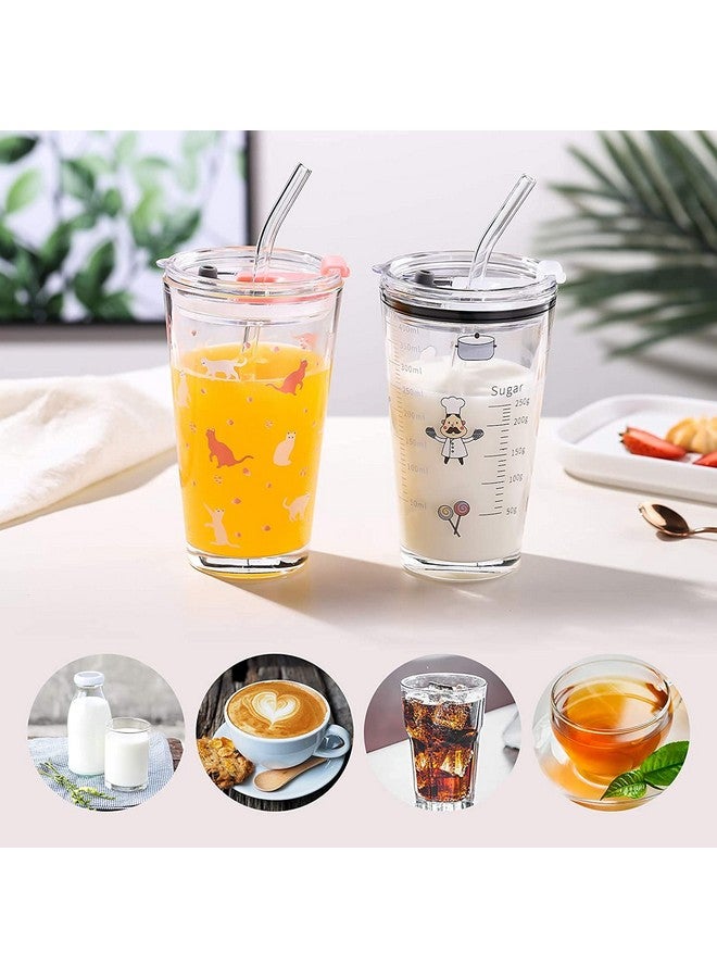 KELVEE Cartoon Pattern Tumbler Glass Multipurpose Drinking Glass Measuring Mug/Cup With Silicone Straw And Glass Lid Random Pattern (Pack Of 2) 400 Ml (Sipper - 2), 400 Milliliter - Image 2