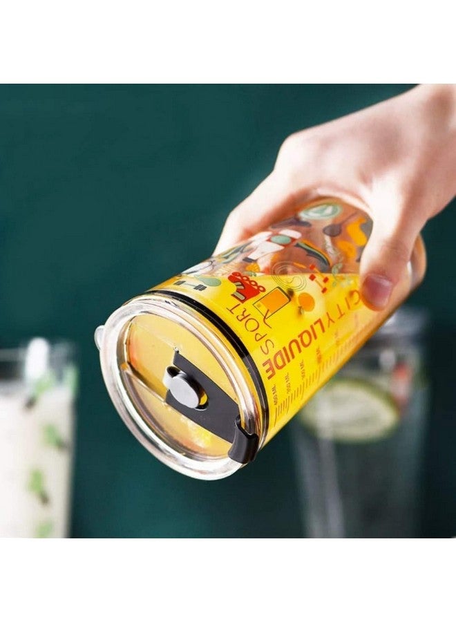 KELVEE Cartoon Pattern Tumbler Glass Multipurpose Drinking Glass Measuring Mug/Cup With Silicone Straw And Glass Lid Random Pattern (Pack Of 2) 400 Ml (Sipper - 2), 400 Milliliter - Image 4