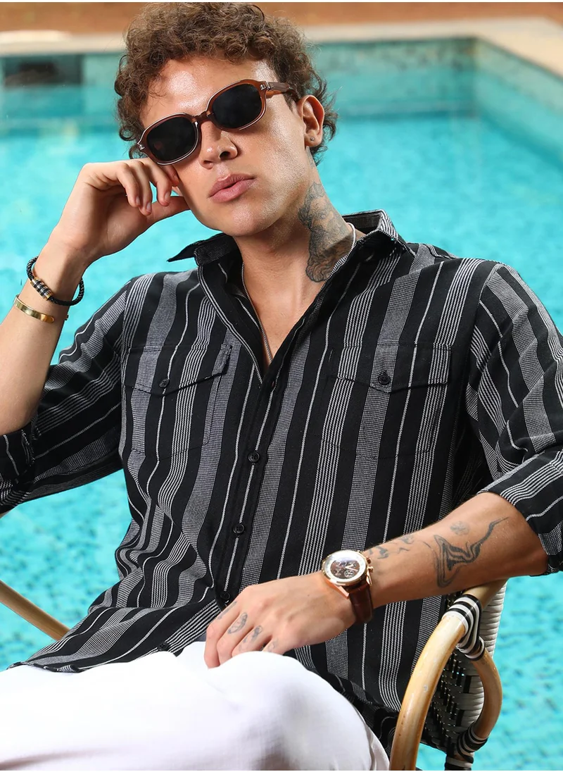 كامبوس سوترا Campus Sutra Men's Charcoal Grey & Onyx Black Utility Multitrack-Striped Shirt For Casual Wear | Spread Collar | Long Sleeve | Button Closure | Shirt Crafted With Comfort Fit For Everyday Wear