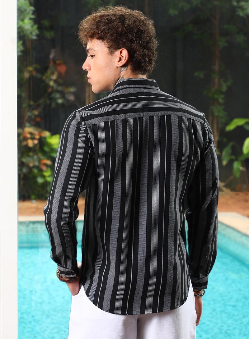 Campus Sutra Campus Sutra Men's Charcoal Grey & Onyx Black Utility Multitrack-Striped Shirt For Casual Wear | Spread Collar | Long Sleeve | Button Closure | Shirt Crafted With Comfort Fit For Everyday Wear  - Image 5