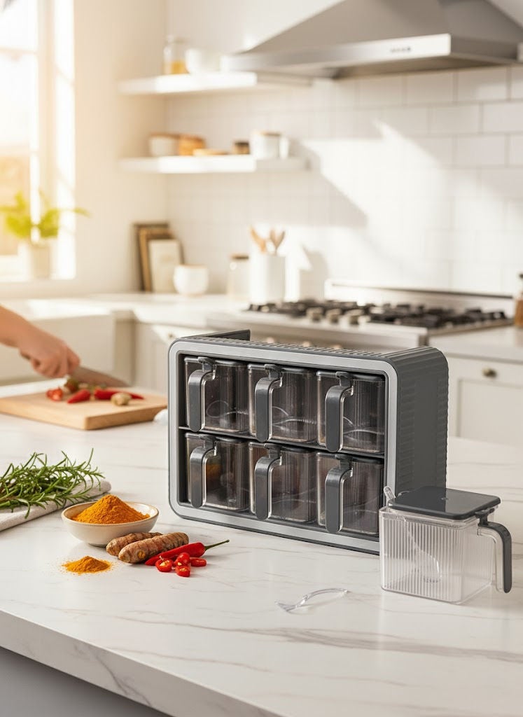 بارونس طقم برطمانات بهارات بلاستيك 6 قطع مع حامل باللون الرمادي/الأسود (صنع في تركيا) - Image 1