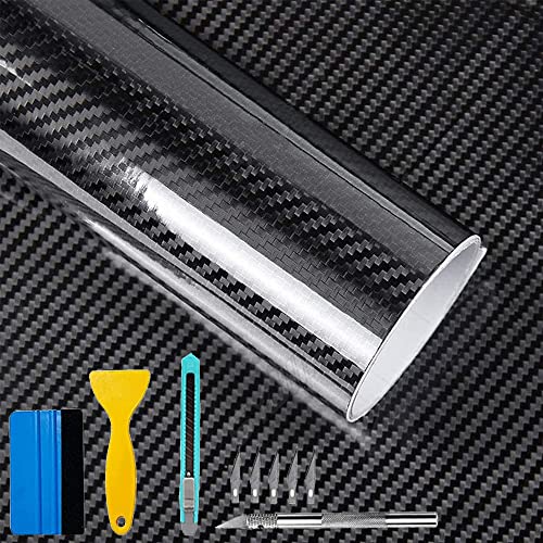 Lypumso 6D Black Carbon Fiber Vinyl Wrap Including Tool Kits High Glossy Black Car Vinyl Film Roll Air Release Technology Auto Accessories Wrap Car Moto DIY Interior Exterior 1ft x 10ft