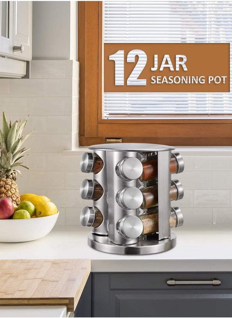 Generic - 12 Pieces Rotating Spice Jar Set Silver Spice Rack Organizer Revolving Spice Organizer, Spice Carousel Tower for Kitchen - Image 1
