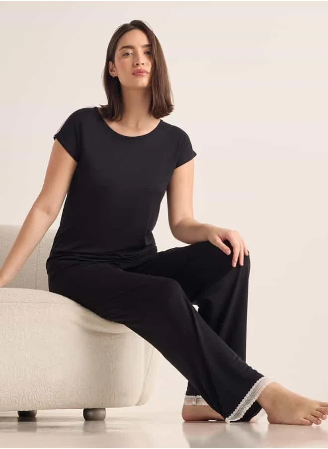 فاف Lace Detail Round Neck Top and Pyjama Set