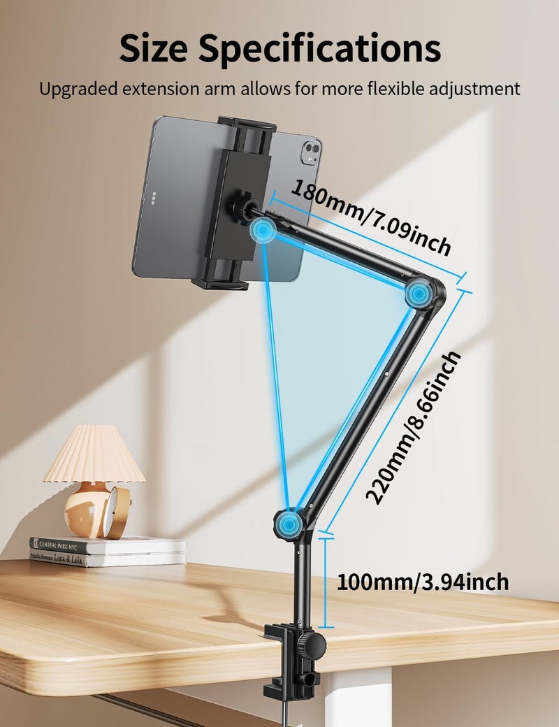 Omoton Tablet Stand Mount for Desk, Adjustable Phone Holder for Bed with Metal Arm Fits for 4.7-13 Inches iPad Pro, Air/Mini, Kindle and Phones - Image 2
