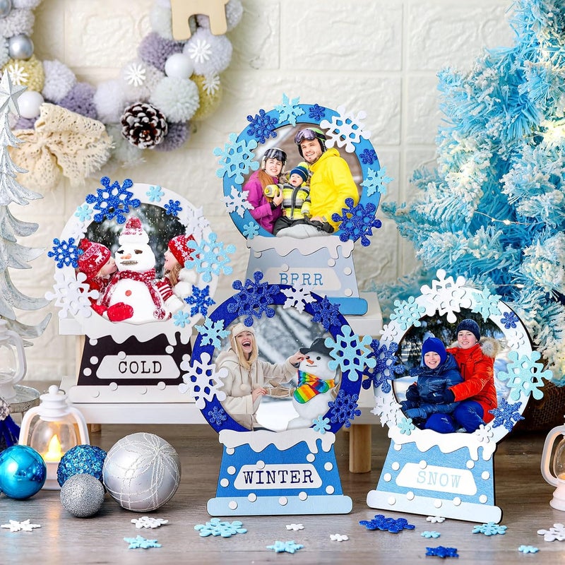 Qunclay Qunclay 4 Pieces Winter Snowflake Wooden Picture Frame 787 x 591 Inch Snow Globe Frame Decor with Snowflake Stickers Snow Globe Picture Display for Home Table Tabletop Display Party Decorations  - Image 2