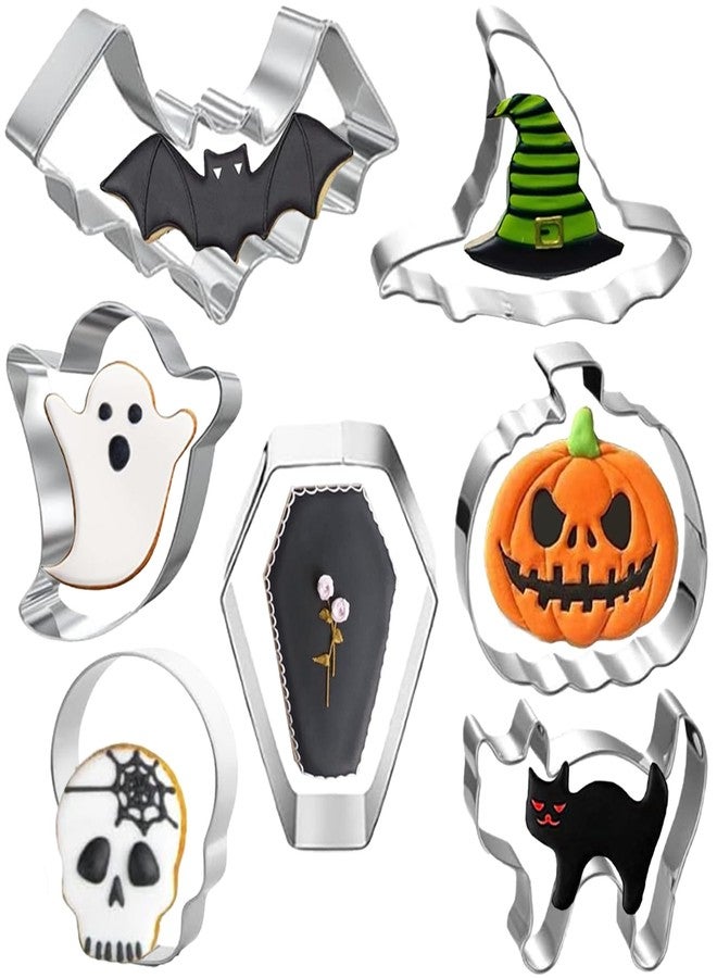 Maykito Halloween Cookie Cutters 7 Pieces - Pumpkin, Ghost, Bat, Coffin, Skull, Black Cat, Witch Hat - Image 1