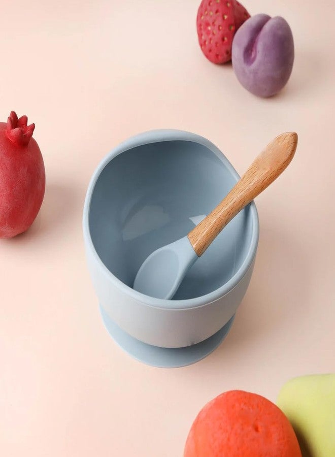 Takositio Baby Bowls, Dinner Bowl and Wooden Handle Spoon for Eating Training, Silicone Dinnerware for Beginners, Small Mixing Bowls, First Stage Self Feeding Utensils (Sky Blue, 1 Bowl + 1 Spoon) - Image 3