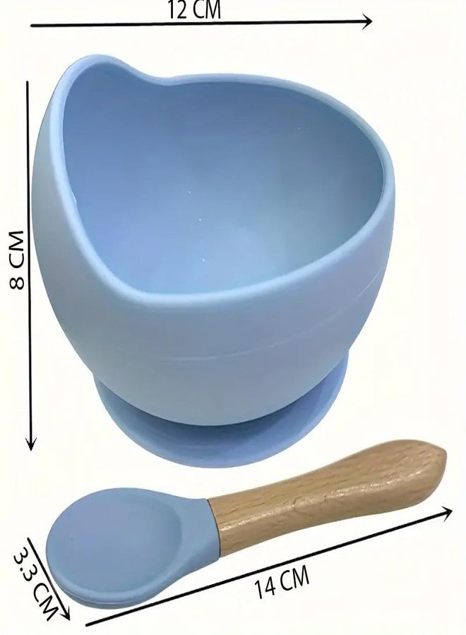 Takositio Baby Bowls, Dinner Bowl and Wooden Handle Spoon for Eating Training, Silicone Dinnerware for Beginners, Small Mixing Bowls, First Stage Self Feeding Utensils (Sky Blue, 1 Bowl + 1 Spoon) - Image 2