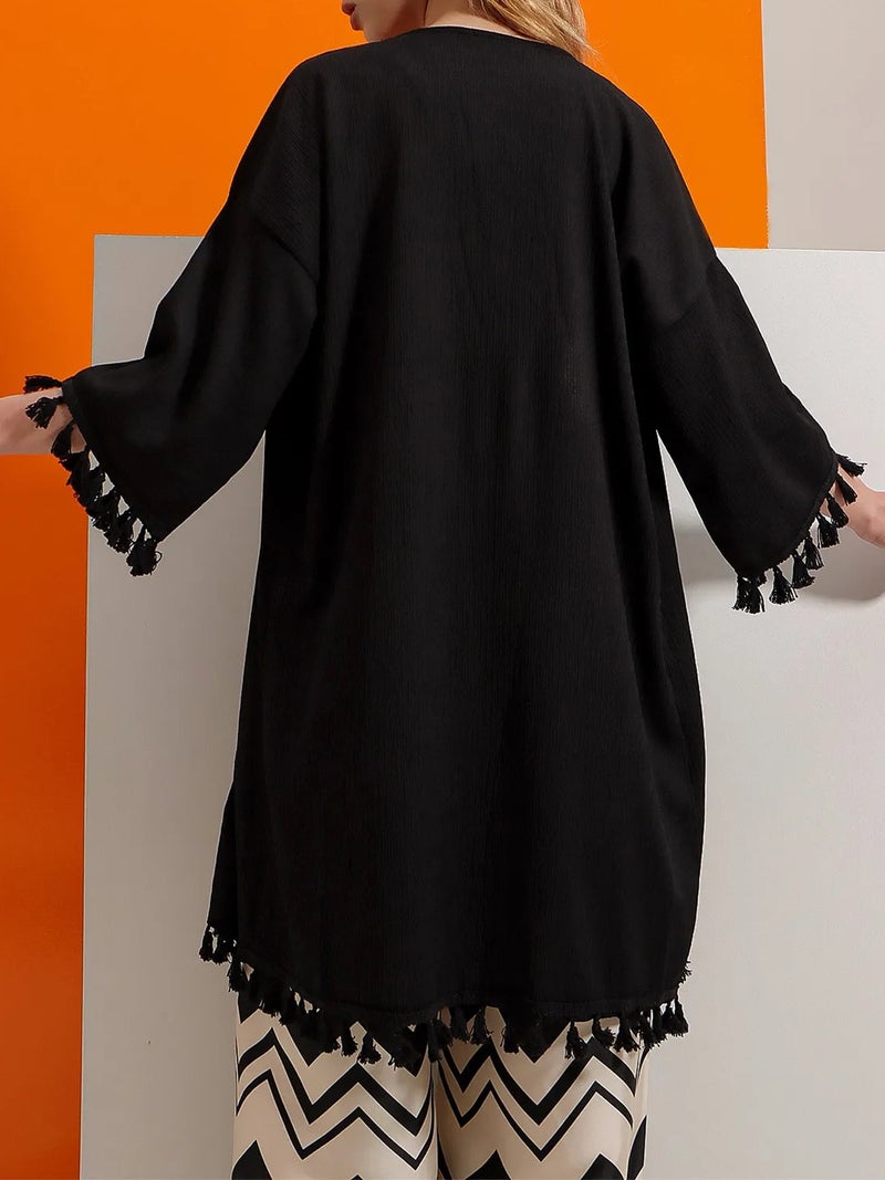 Women's Trench Coat Open Front Cardigan with Lace Design Flowy Silhouette for Fall Winter - Image 3