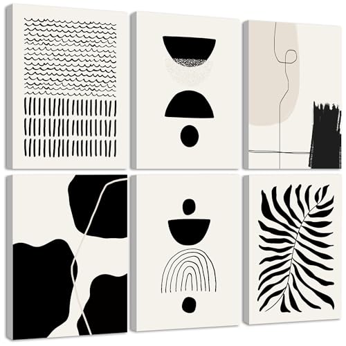 KUVIOKE Black Abstract Framed Wall Art Boho Room Decor Set of 6 Minimalist Geometric Line Art Bohemian Mid Century Modern Prints for Bedroom Living Room 8x10in (Framed) - Image 1