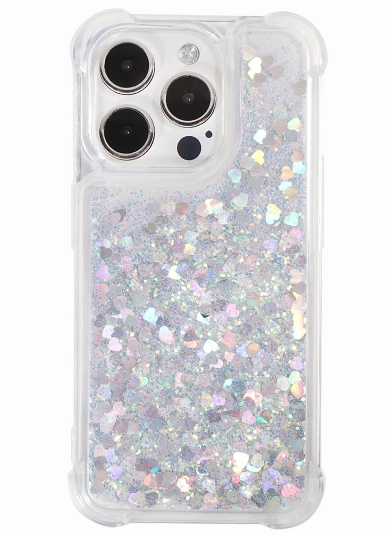 SYOSI - Glitter Case for iPhone 15 Pro Max, Clear Soft TPU Rubber Bumper, Bling Girly Women Cute Liquid Holiday Case, Silver, 6.7 inch - Image 1