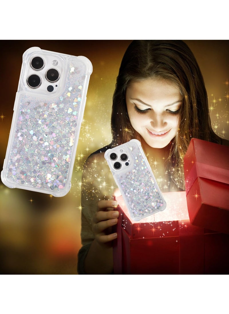 SYOSI - Glitter Case for iPhone 15 Pro Max, Clear Soft TPU Rubber Bumper, Bling Girly Women Cute Liquid Holiday Case, Silver, 6.7 inch - Image 1