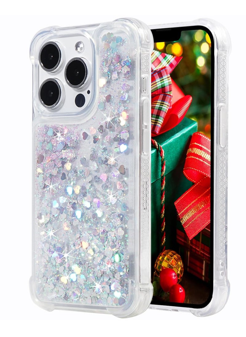 SYOSI - Glitter Case for iPhone 15 Pro Max, Clear Soft TPU Rubber Bumper, Bling Girly Women Cute Liquid Holiday Case, Silver, 6.7 inch - Image 1