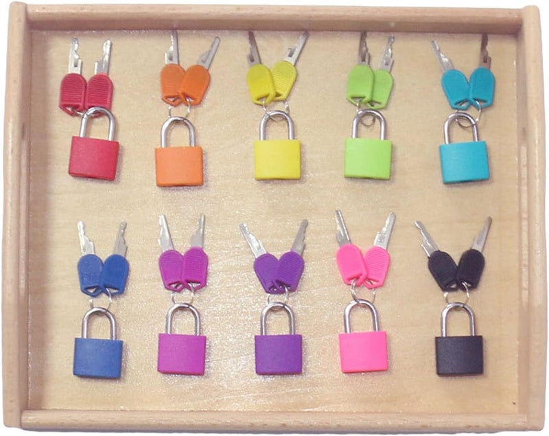 klarako 10Pack Padlock with Key Montessori Toy Matching Game Individually Keyed Padlocks for Luggage Lock Suitcase Lock Backpack Boys Girls Kids Toddlers  10 Locks and Tray - Image 1