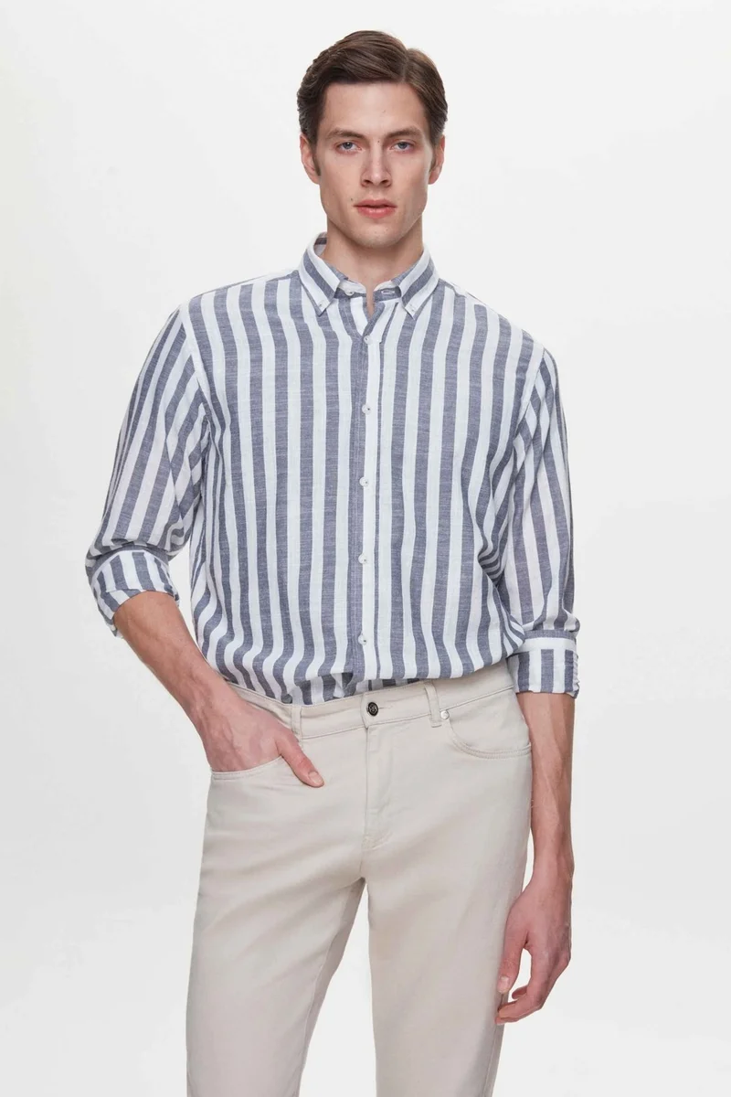 D'S DAMAT D'S Groom Ds Groom Comfort Navy Blue Striped Shirt