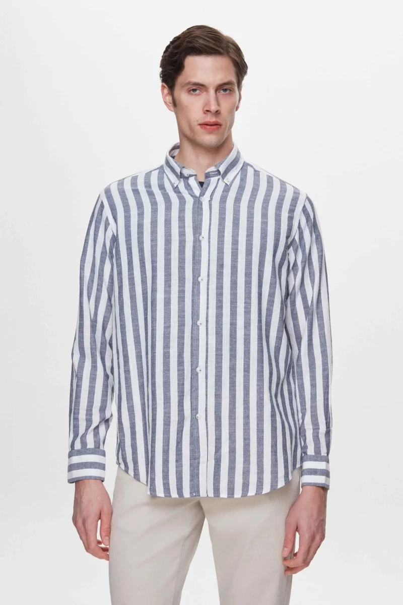 D'S DAMAT D'S Groom Ds Groom Comfort Navy Blue Striped Shirt