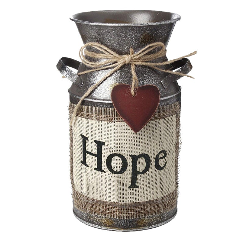 HIDERLYS 7.5" High Rustic Decorative Vase with Greetings and Rope Design, Metal Milk Can Country Jug for Living Room, Bedroom, Kitchen(Hope) - Image 1