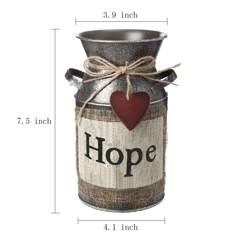 HIDERLYS 7.5" High Rustic Decorative Vase with Greetings and Rope Design, Metal Milk Can Country Jug for Living Room, Bedroom, Kitchen(Hope) - Image 2