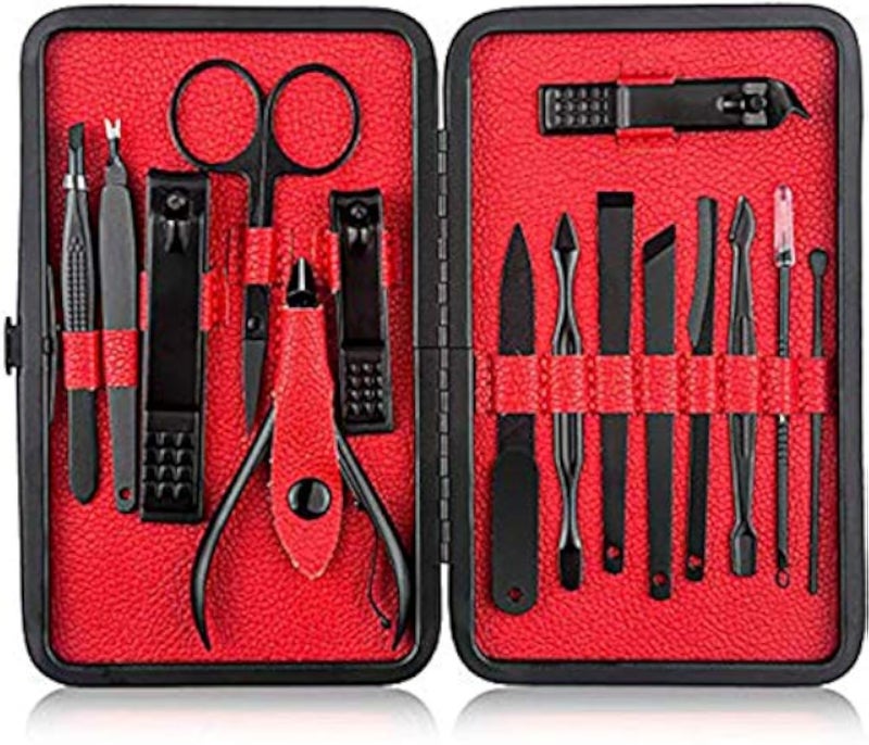 Brain Freezer 15 In 1 Nail Clippers Set Pedicure Kit Stainless Steel Nail Clipper,Professional Nail Scissors Grooming Kit Manicure Includes Cuticle Remover Tools With Portable Travel Case Black Red