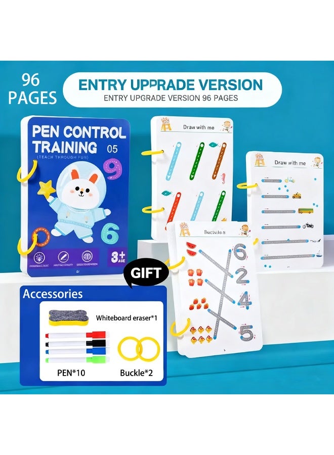 Zeemey 96 Pages/10 Pens - Pen Control Exercise Book with Erasable Pen and Refill, Reusable Tracing and Drawing Exercise Book - Essential Tool for Enhancing Hand Eye Coordination and Learning Writing Skills - Image 1