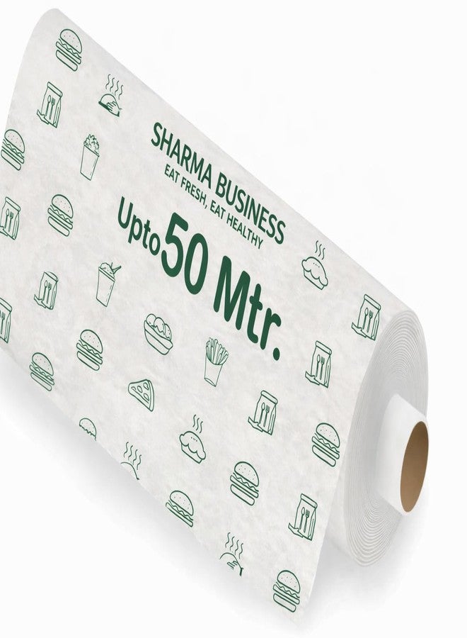 ARETOR 50 Meters Food Wrapping Roll, Premium Non-Stick Butter Paper, Reheatable Oven Safe Parchment, 54 GSM, White with Green Print - Image 1