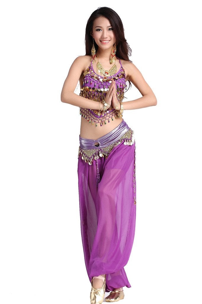 ZLTdream Lady's Belly Dance Chiffon Banadge Top and Lantern Coins Pants Purple, One Size - Image 3