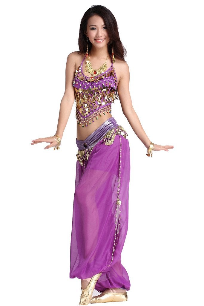 ZLTdream Lady's Belly Dance Chiffon Banadge Top and Lantern Coins Pants Purple, One Size - Image 1