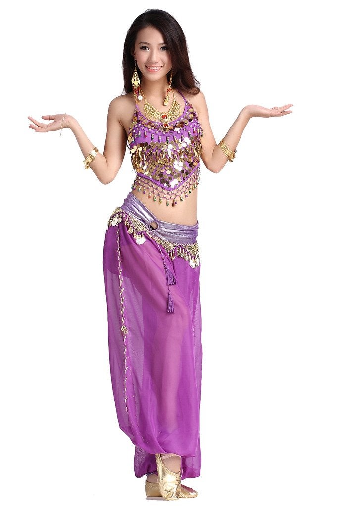 ZLTdream Lady's Belly Dance Chiffon Banadge Top and Lantern Coins Pants Purple, One Size - Image 2