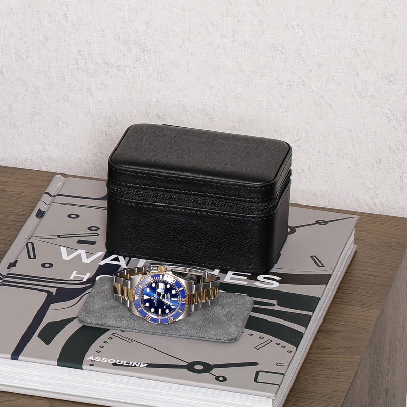 ROTHWELL 2 Watch Travel Case for Men | Compact PU Leather Protective Box with Microsuede Interior | Fits Watches & Smartwatches Up to 55mm (Black/Grey) - Image 3