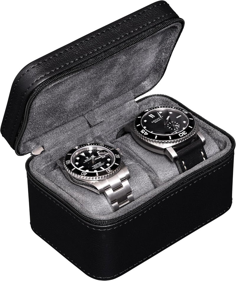 ROTHWELL 2 Watch Travel Case for Men | Compact PU Leather Protective Box with Microsuede Interior | Fits Watches & Smartwatches Up to 55mm (Black/Grey) - Image 1