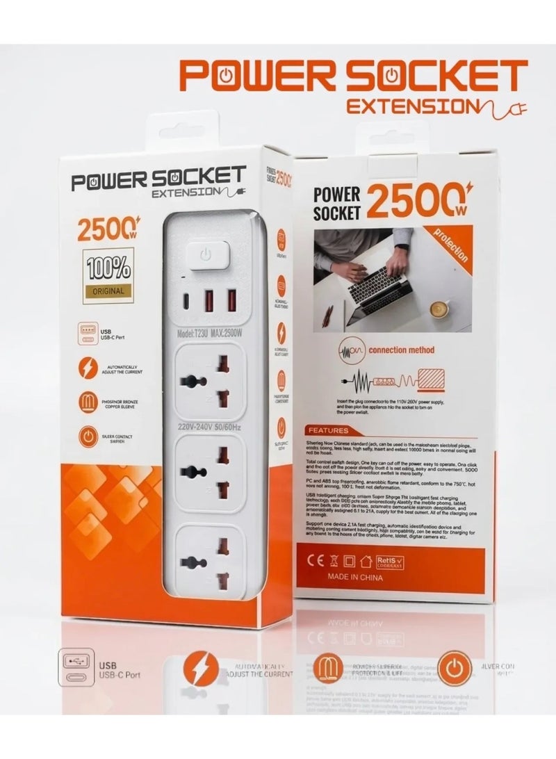 Power Strip Extension Socket 2500W with 2 USB & 1 Type-C Fast Charging Port, Overload Protection