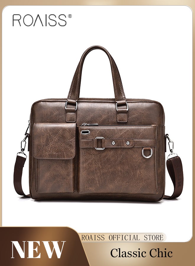 roaiss PU Leather Business Shoulder Bag for Men Smooth Zipper Adjustable Strap Waterproof Large Capacity Crossbody Bag Mens Fashion Commuting Premium Textures Handbag Includes Computer Compartment  - Image 1