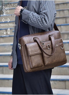 roaiss PU Leather Business Shoulder Bag for Men Smooth Zipper Adjustable Strap Waterproof Large Capacity Crossbody Bag Mens Fashion Commuting Premium Textures Handbag Includes Computer Compartment  - Image 2