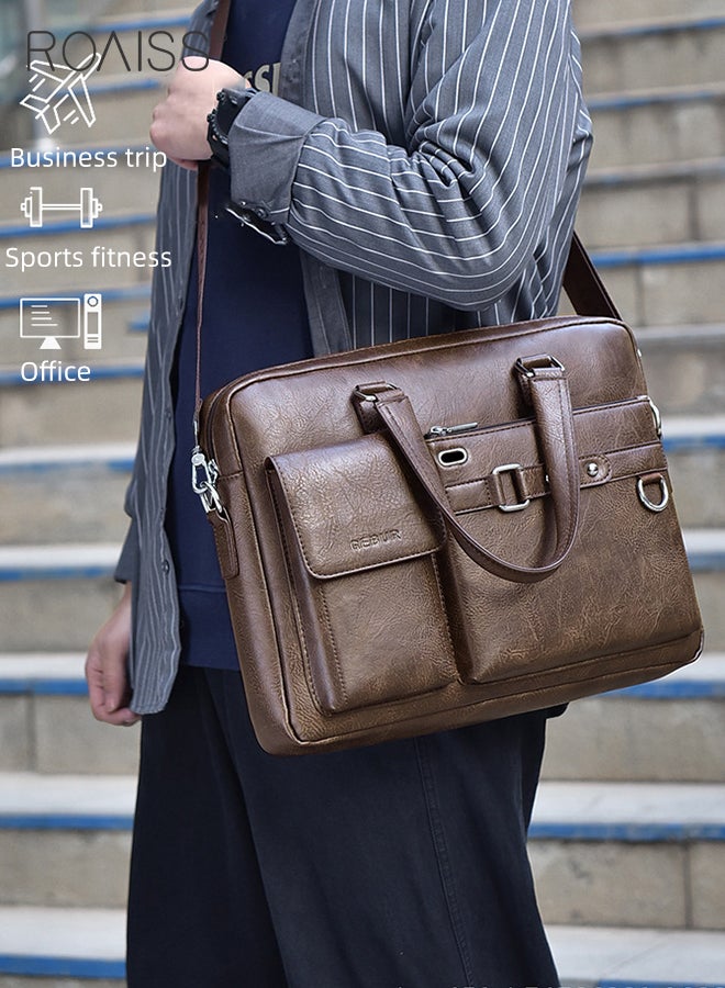 roaiss PU Leather Business Shoulder Bag for Men Smooth Zipper Adjustable Strap Waterproof Large Capacity Crossbody Bag Mens Fashion Commuting Premium Textures Handbag Includes Computer Compartment  - Image 2