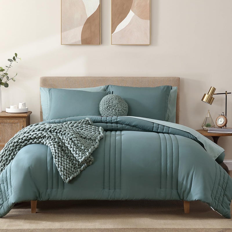 Monbix King Size Comforter Set - 7 Pieces Bed in a Bag King, Blue Green Bedding Sets with Comforter, All Seasons Comforter Bed Set with Sheets, Pillowcases & Shams - Image 1