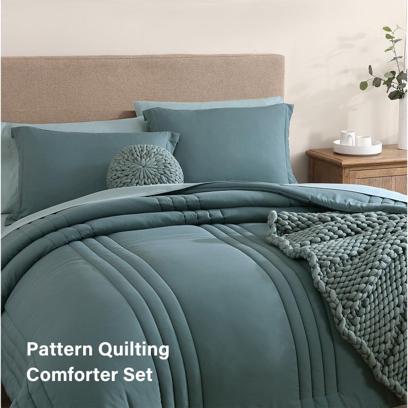 Monbix King Size Comforter Set - 7 Pieces Bed in a Bag King, Blue Green Bedding Sets with Comforter, All Seasons Comforter Bed Set with Sheets, Pillowcases & Shams - Image 4