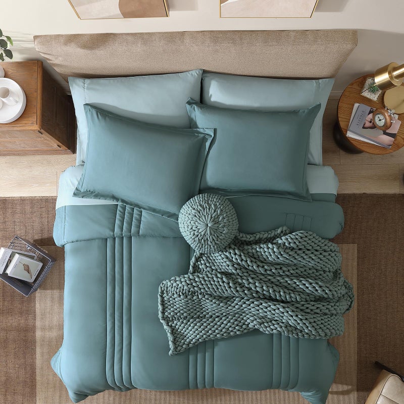 Monbix King Size Comforter Set - 7 Pieces Bed in a Bag King, Blue Green Bedding Sets with Comforter, All Seasons Comforter Bed Set with Sheets, Pillowcases & Shams - Image 2