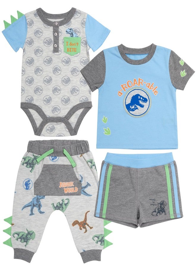 Jurassic Park Jurassic Baby Boys 4 Piece Clothing Set | One-Piece Bodysuit, Gel Overlay Shorts, Short Sleeve T-Shirt, Jogging Pants (Grey/Blue/Green, New Born) - Image 1