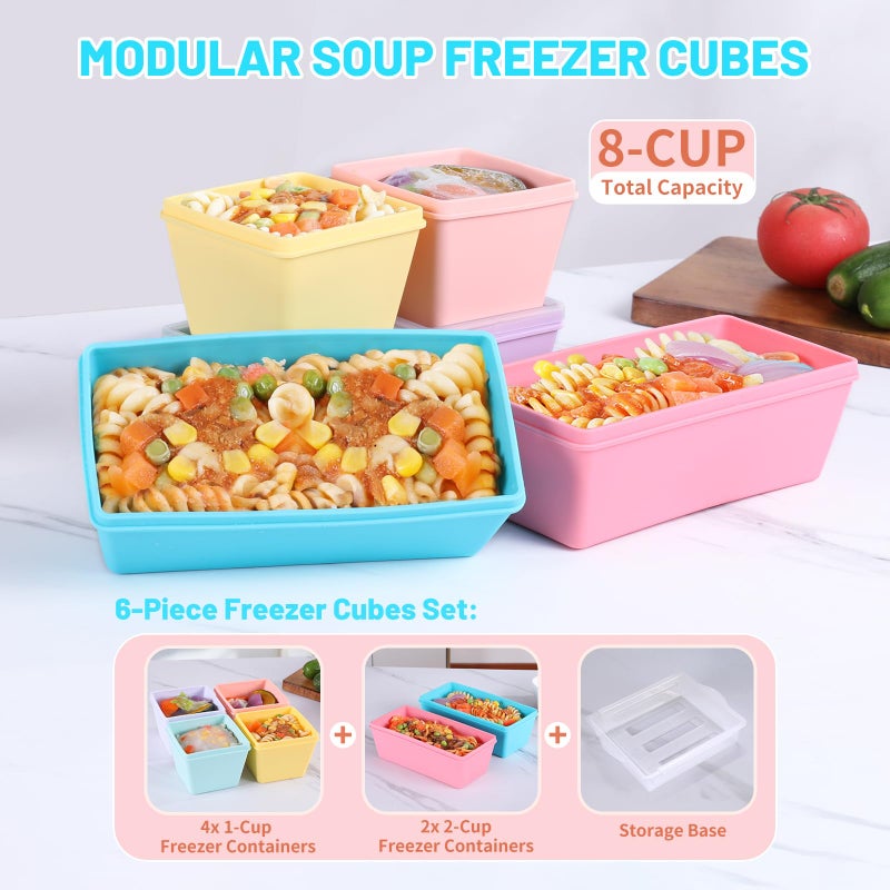 Gemice BPA-Free Silicone Freezer Molds with Base, Individual 6-Pack 1-Cup & 2-Cup Portion Soup Cubes Freezer Tray with Lids for Food Storage, Dishwasher Safe, Silicone Freezer Containers for Meal Prep - Image 2