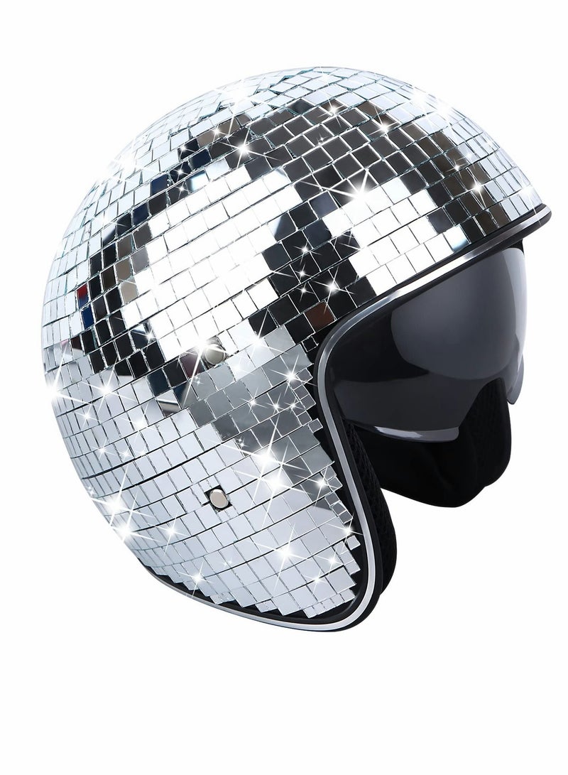 SYOSI Disco Ball Helmet with Retractable Visor Silver Glitter Mirror Glass Disco Ball Hat Helmet for Women Men DJ Club Stage Bar Party Wedding - Image 1