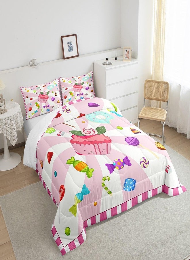 Castle Fairy Cupcake Bedding Comforter Sets Full,Dreamy Girly Doughnut Lollipops Candy Pattern Bedding Set for Bedroom Decoration,Watercolor Pink Girls Cake with 1 Comforter and 2 Pillow Cases Bedroom Decor - Image 4