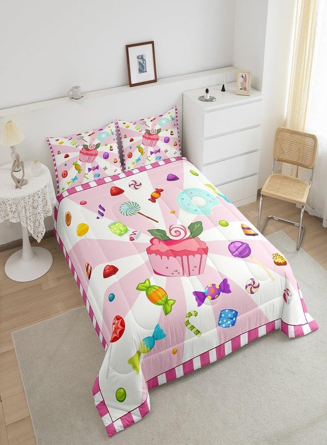 Castle Fairy Cupcake Bedding Comforter Sets Full,Dreamy Girly Doughnut Lollipops Candy Pattern Bedding Set for Bedroom Decoration,Watercolor Pink Girls Cake with 1 Comforter and 2 Pillow Cases Bedroom Decor - Image 3