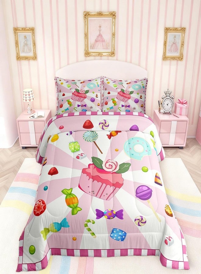 Castle Fairy Cupcake Bedding Comforter Sets Full,Dreamy Girly Doughnut Lollipops Candy Pattern Bedding Set for Bedroom Decoration,Watercolor Pink Girls Cake with 1 Comforter and 2 Pillow Cases Bedroom Decor - Image 1