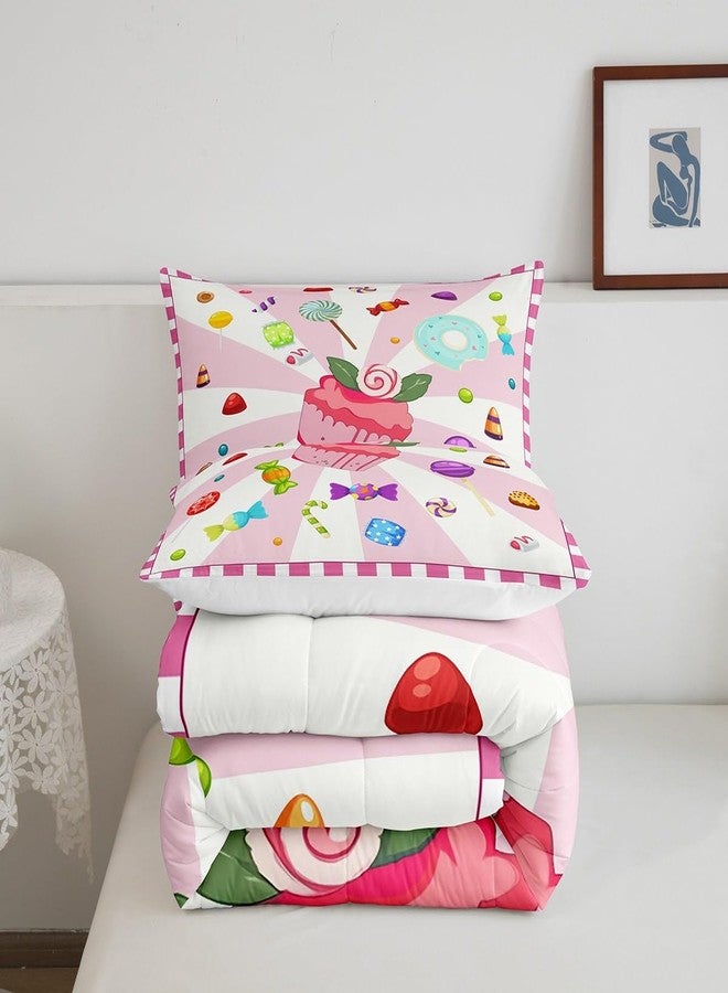 Castle Fairy Cupcake Bedding Comforter Sets Full,Dreamy Girly Doughnut Lollipops Candy Pattern Bedding Set for Bedroom Decoration,Watercolor Pink Girls Cake with 1 Comforter and 2 Pillow Cases Bedroom Decor - Image 5