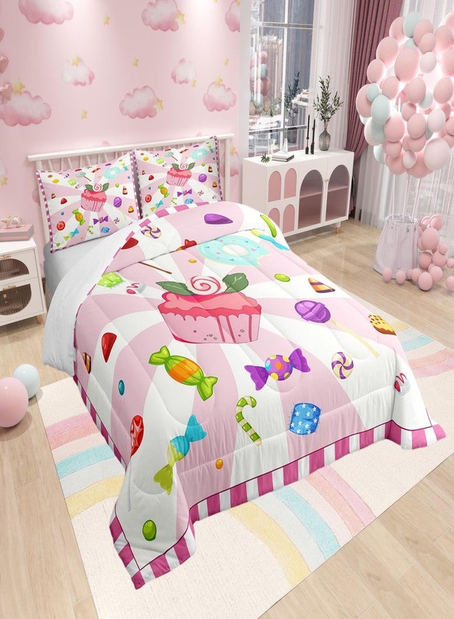 Castle Fairy Cupcake Bedding Comforter Sets Full,Dreamy Girly Doughnut Lollipops Candy Pattern Bedding Set for Bedroom Decoration,Watercolor Pink Girls Cake with 1 Comforter and 2 Pillow Cases Bedroom Decor - Image 2