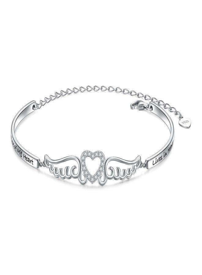 FLYOW S925 Sterling Silver A Piece of My Heart is in Heaven Bracelet Angel Wings Jewelry in Memory of Mom Dad Grandma Grandpa Daughter Son Loss Memorial Gift - Image 1