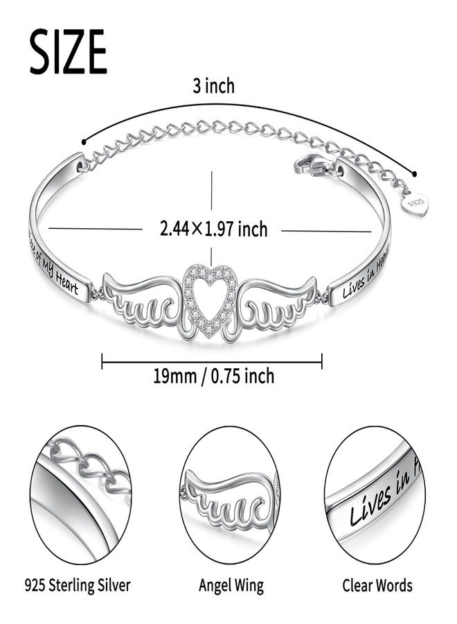 FLYOW S925 Sterling Silver A Piece of My Heart is in Heaven Bracelet Angel Wings Jewelry in Memory of Mom Dad Grandma Grandpa Daughter Son Loss Memorial Gift - Image 5