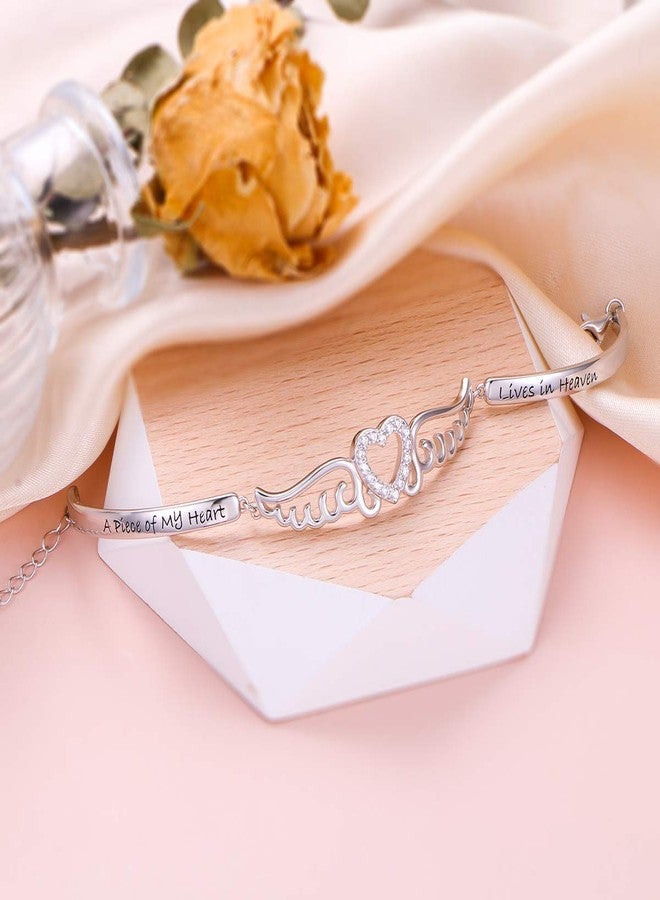 FLYOW S925 Sterling Silver A Piece of My Heart is in Heaven Bracelet Angel Wings Jewelry in Memory of Mom Dad Grandma Grandpa Daughter Son Loss Memorial Gift - Image 3