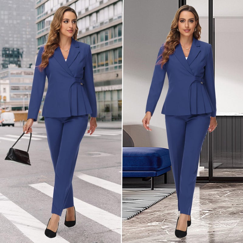 TRONSTORE Women's Pants Suit Solid Jacket 2 Piece Set Irregular Blazer Suit Business Casual Navy L - Image 5